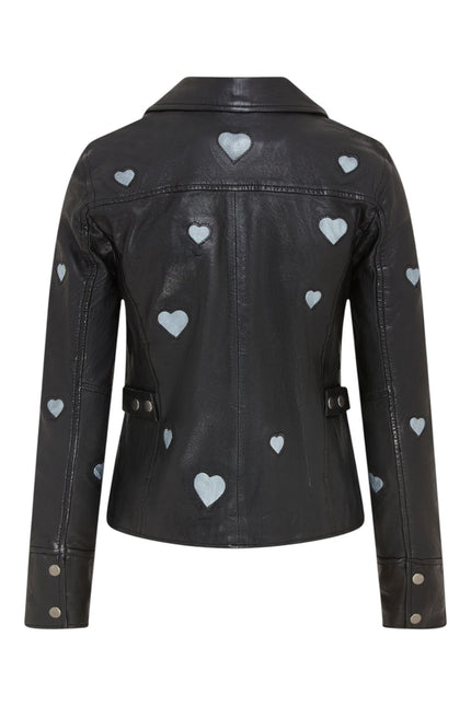 Women’s Black Leather Hearts Biker Jacket  - Wynyard