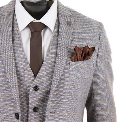 Mens 3 Piece Cream Tweed Check Vintage Retro Suit