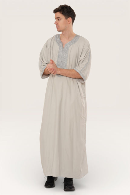 Men's Grey Moroccan Thobe Robe Eid Djellaba Gandoura Jubba- HM65