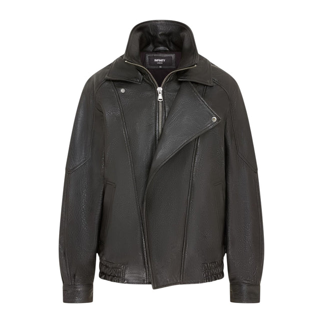 Womens Black Lamb Leather Biker Blouson Oversized Jacket - Big Bomber