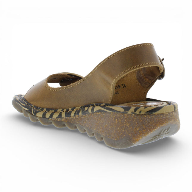 Fly London Women's TRAM723FLY Camel Brown Leather Wedge Sandals