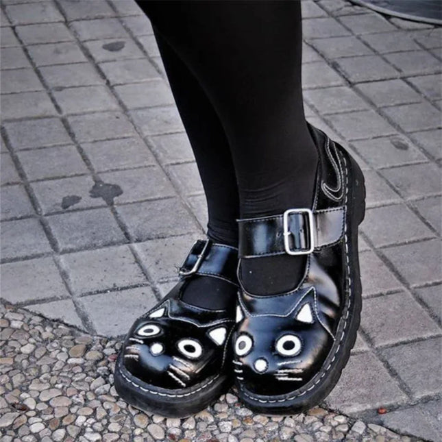 TUK Womens Mary Jane Kitty Black Leather Platform Goth Shoes - T2025