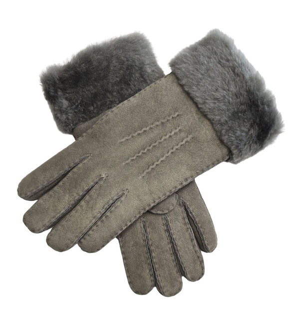 Infinity Leather Womens Grey Sheepskin Suede Gloves with Fur Cuff