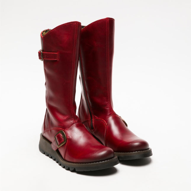 Fly London Womens Red Mes 2 Wedge Heel Buckle Mid-Calf Leather Zip Platform Boots