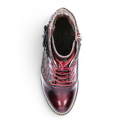 Laura Vita Women’s Wine Leather Floral Heeled Lace-Up Boots - Alcbaneo 173