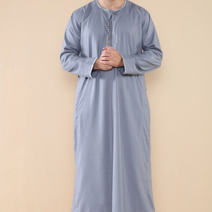 Mens Grey Thobe Jubba Saudi Islamic Arab Eid Emirati Kaftan Jubbah Tassel Robe
