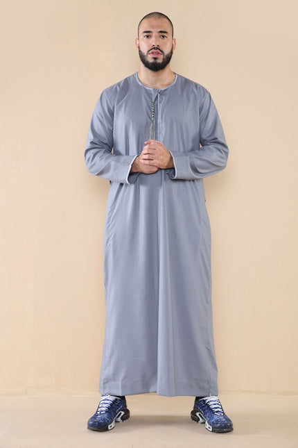 Mens Grey Thobe Jubba Saudi Islamic Arab Eid Emirati Kaftan Jubbah Tassel Robe