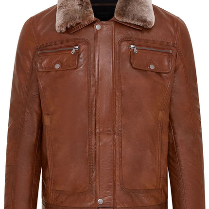 Mens Leather Jacket Trucker Removable Sheepskin Collar Casual Jacket