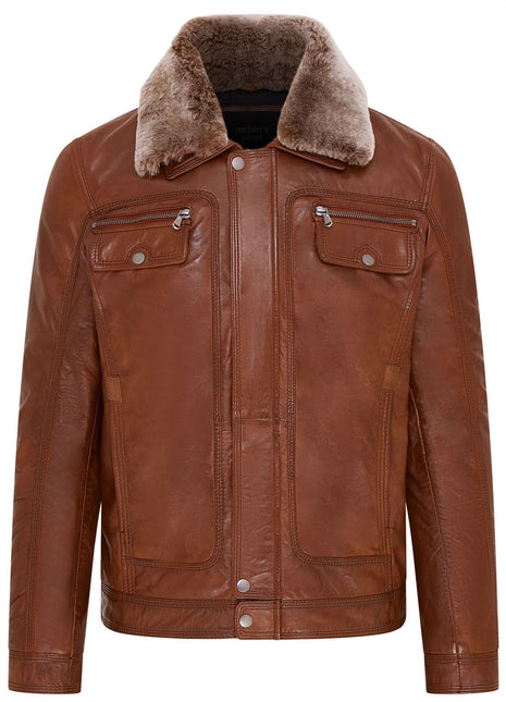 Mens Leather Jacket Trucker Removable Sheepskin Collar Casual Jacket