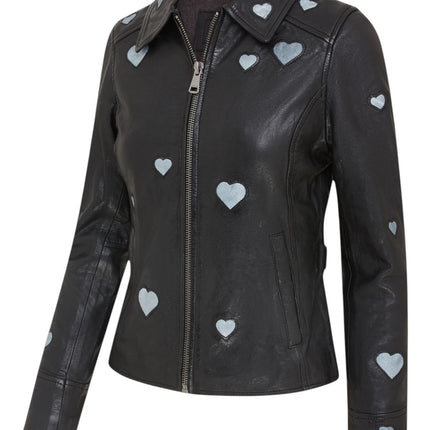 Women’s Black Leather Hearts Biker Jacket  - Wynyard