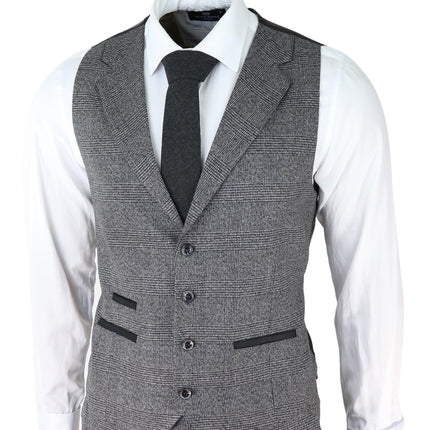 Mens Grey 3 Piece Suit Prince of Wales Check Classic Tailored Fit Wedding Suit