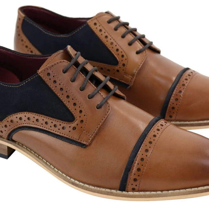 Mens Classic Navy Suede Oxford Brogue Derby Shoes In Tan Leather