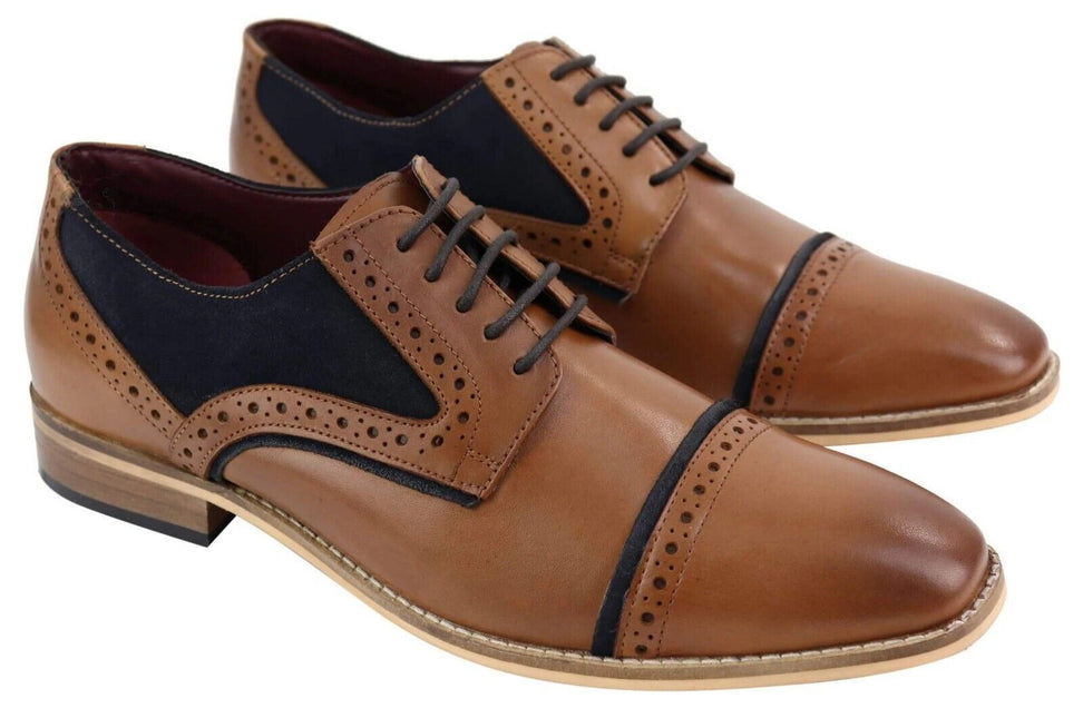Mens Classic Navy Suede Oxford Brogue Derby Shoes In Tan Leather