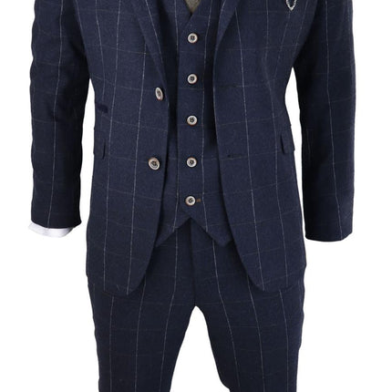 Mens 3 Piece Wool Suit Navy Blue Tweed Check Peaky Blinders 1920 Gatsby Formal