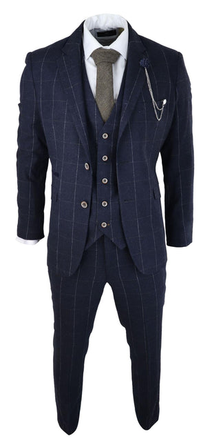 Mens 3 Piece Wool Suit Navy Blue Tweed Check Peaky Blinders 1920 Gatsby Formal