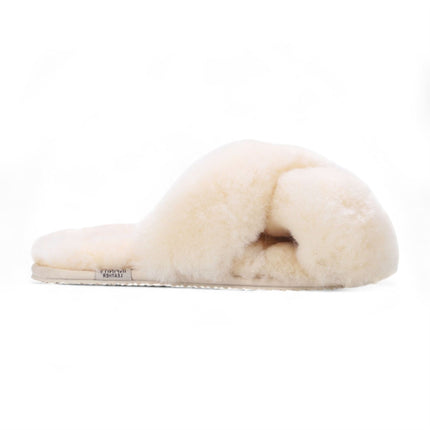 Women's Sheepskin Slippers Beige Warm Winter Fur Crossover - Snowbelle