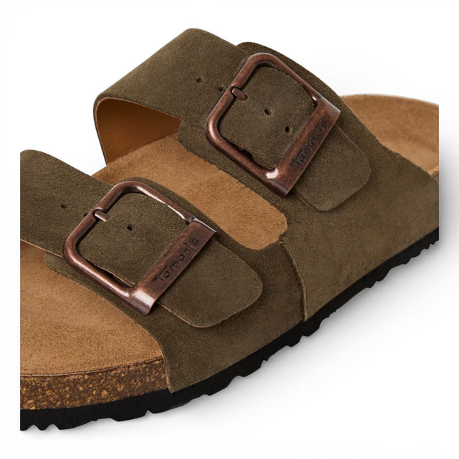 Tamaris Men's Olive Green Leather Slip-On Footbed Slipper Sandals