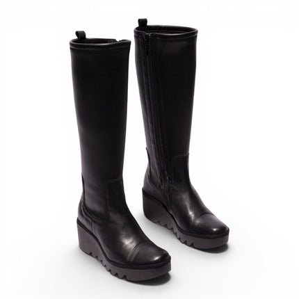 Fly London Womens Black Leather High Wedge Heel Long Boots - BUDI603