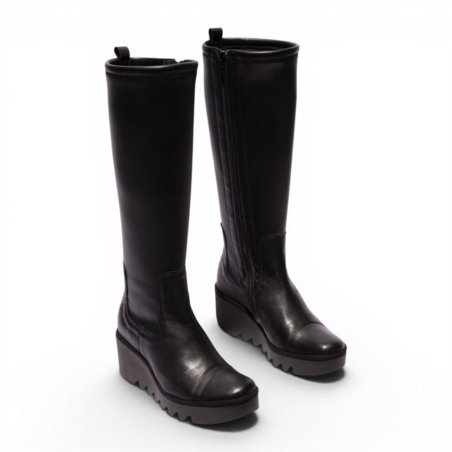 Fly London Womens Black Leather High Wedge Heel Long Boots - BUDI603
