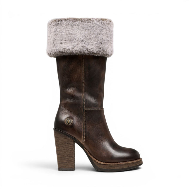 Windsorsmith Womens Mid Calf Brown Leather High Heel Fur Boots - Lovestruck
