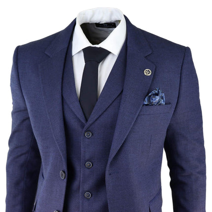 Mens Navy Blue 3 Piece Tweed Herringbone Suit Peaky Blinders Classic Tailored