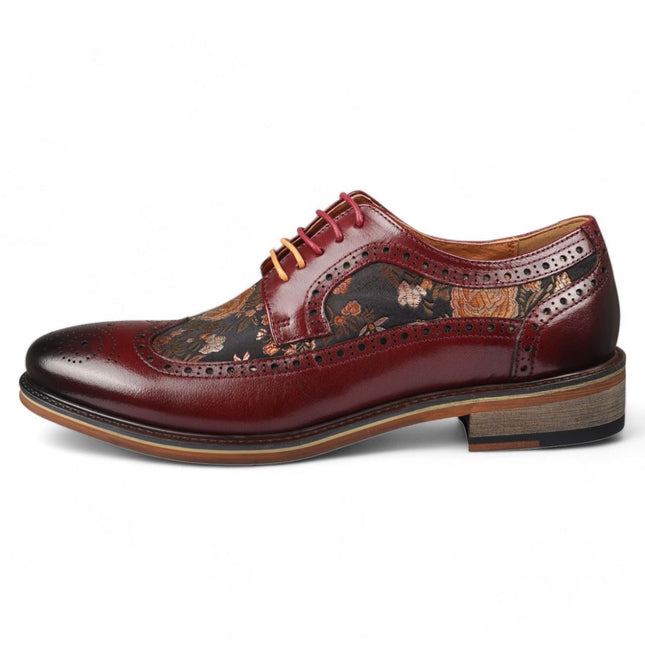 Justin Reess Men's Wine Leather Floral Print Brogue Dress Shoes - Ross