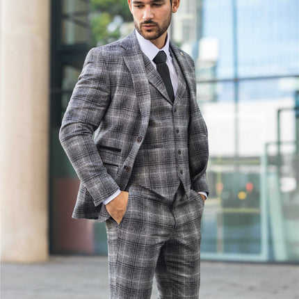Men's Formal Grey Tweed  3 Piece Check Vintage Gatsby Style Suit