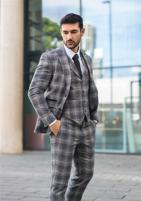Men's Formal Grey Tweed  3 Piece Check Vintage Gatsby Style Suit