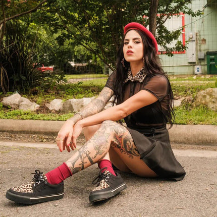 TUK Pointed Creeper Sneaker Black Leopard Canvas Platform Shoes - A9180