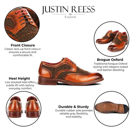 Justin Reess Men's Tan Leather Tweed Brogue Shoes - Arlo