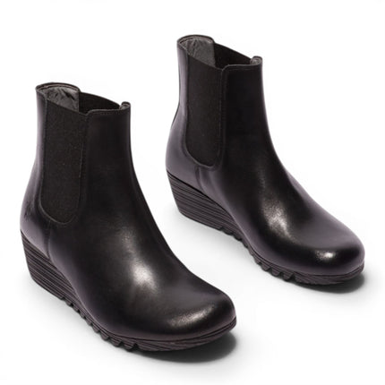 Fly London Womens Black Leather Wedge Heel Chelsea Boots - ORFU496