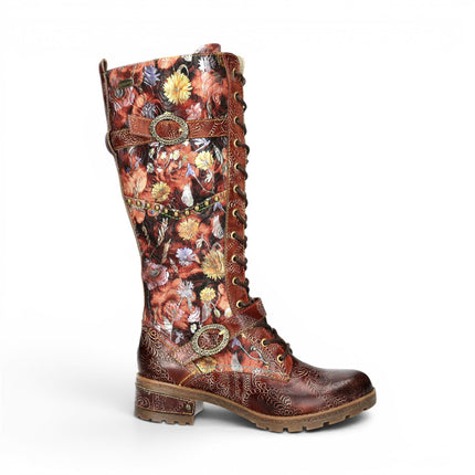 Laura Vita Women's Victorian Floral Maroon Leather High Lace-Up Long Boots - Cocrailo-82