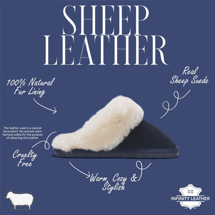 Women's Genuine Sheepskin Navy Blue Suede Mule Winter Slippers - Luna
