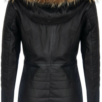 Womens Slim Fit Leather Hooded Parka Jacket-Northam