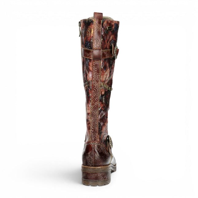 Laura Vita Women's Victorian Floral Maroon Leather High Lace-Up Long Boots - Cocrailo-82