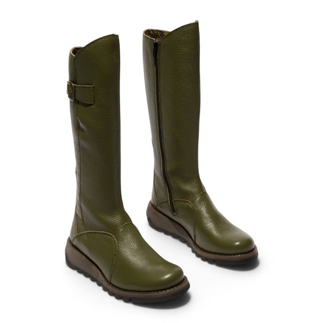 Fly London Womens Military Green Leather Wedge Heel Knee High Long Boots - MOL2