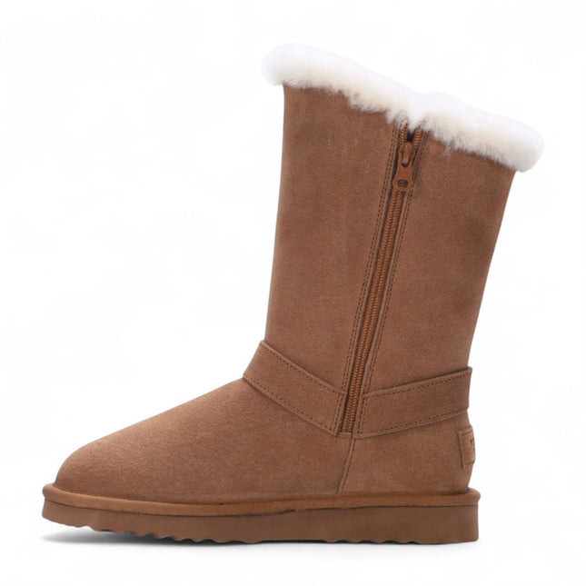 Women's Genuine Sheepskin Tan Brown Suede Calf Winter Warm Boots - Redwood