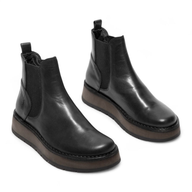 Fly London Womens Black Rawi131 Chelsea Leather Ankle Pull-On Classic Comfort Boots