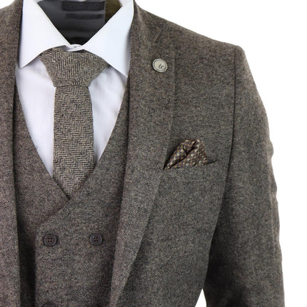 Mens Oak Brown Wool 3 Piece Suit Double Breasted Waistcoat Tweed Peaky Blinders 1920s