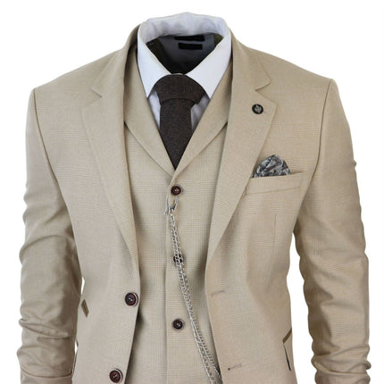 Men's 3 Piece Cream Prince Of Wales Check Suit