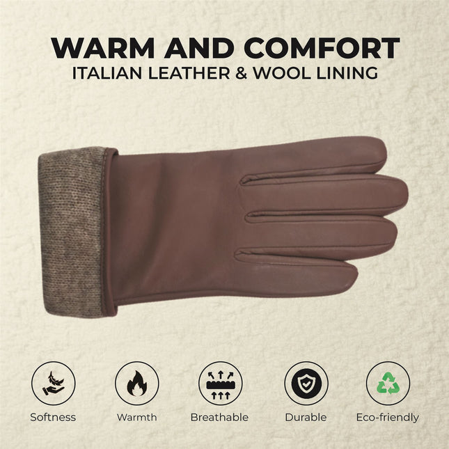 Womens Nude Beige Italian Leather Winter Button Design Soft Wool Lining Gloves - L-GLV-501