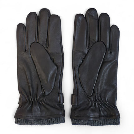 Men's Brown Italian Leather Warm Wool Lining Winter Knit Rib Gloves - M-LGV-105