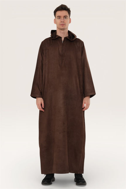 Men's Hooded Eid Brown Moroccan Jubba Robe Ramadan Eid Thobe - HM12