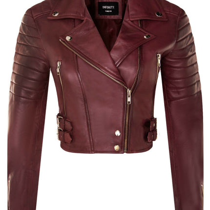 Womens Cropped Brando Leather Biker Jacket-Damascus