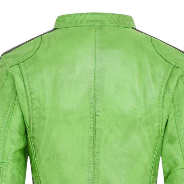 Womens Biker Racing Badges Green Leather Jacket-Eastleigh