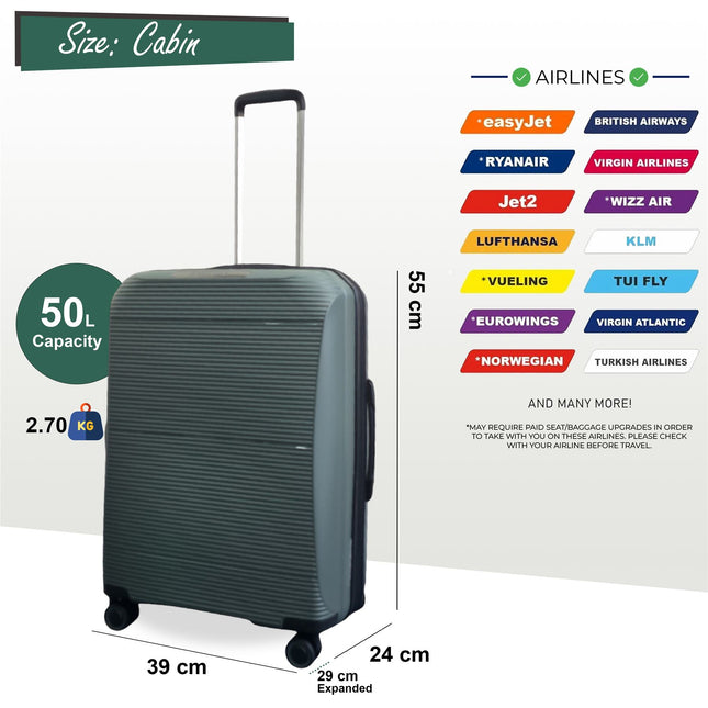 Expandable Strong ABS Hardshell Cabin Suitcase 55 x 39 x 24 cm Luggage Suitable for Easyjet, Ryanair