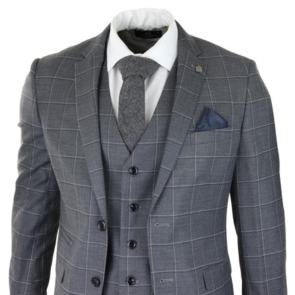 Mens Grey Suit 3 Piece Check Vintage Retro Smart Wedding Classic Tailored Fit