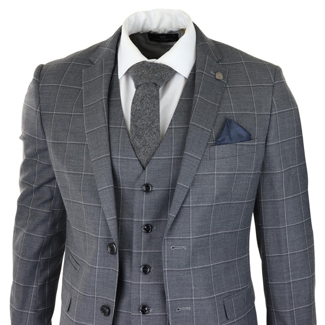 Mens Grey Suit 3 Piece Check Vintage Retro Smart Wedding Classic Tailored Fit