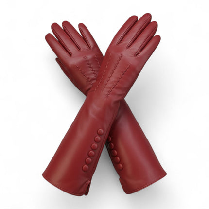 Womens Long Red Italian Leather Winter Button Design Soft Wool Lining Gloves - L-GLV-201