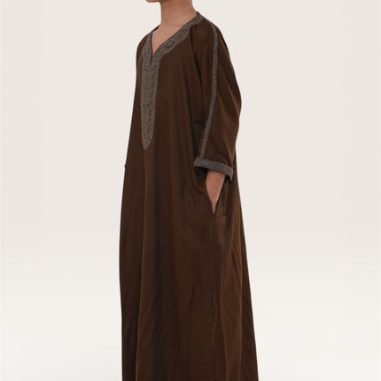 Kids Boys Ramadan Dark Brown Moroccan Thobe Robe Djellaba Gandoura Eid Jubba- K-HM67
